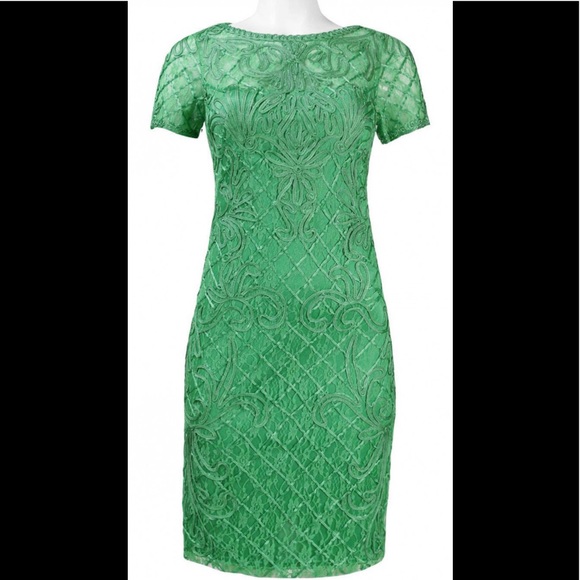 🎉 HP 🎉 NEW Sue Wong Embroidered Emerald Green Lace Sheath Cocktail Dress - Picture 2 of 9